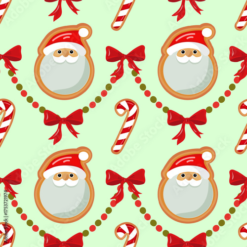 Festive Seamless Pattern with Santa cookies, candy cane, red bows, and garland. Xmas coquette retro print. Trendy Vintage ornament, Christmas dessert design for fabric, wrapping paper, packaging