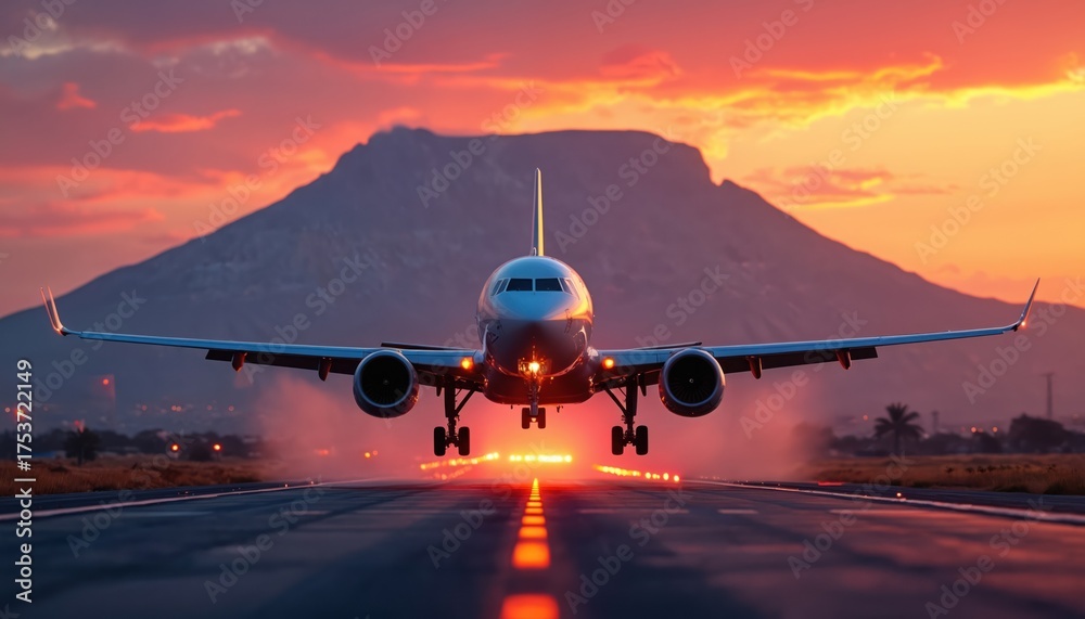 Fototapeta premium Airplane approaches for landing on runway at sunset. Mountain silhouette in background. Dramatic orange clouds fill the sky. Lights mark the tarmac.