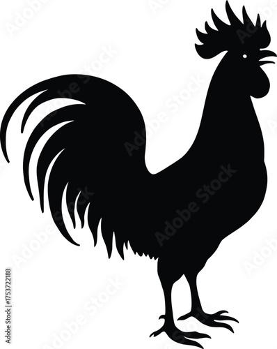 Black silhouette of a proud rooster standing tall isolated on white background