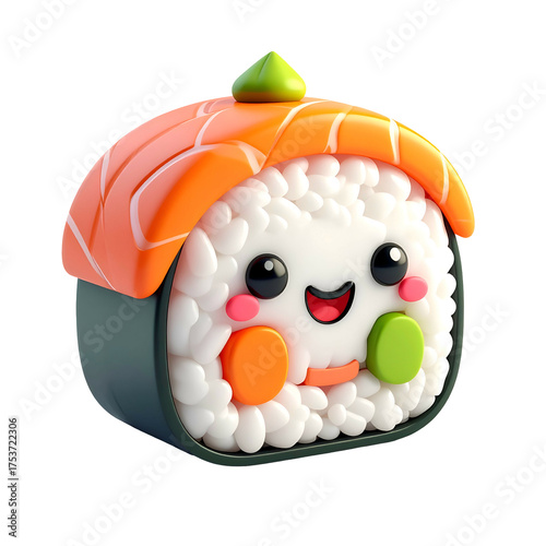 Cute cartoon sushi roll with salmon and avocado on black background.