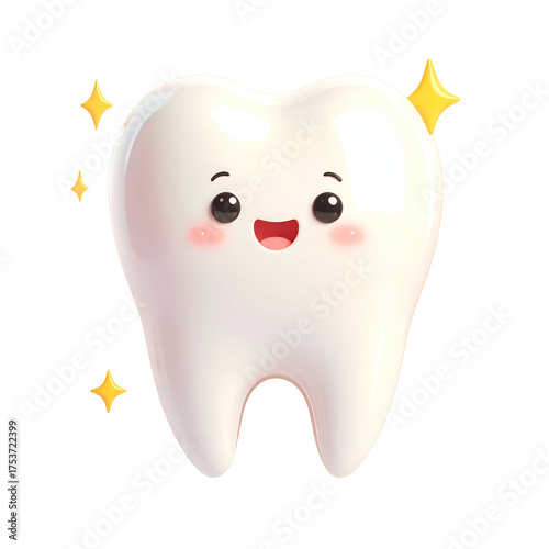 Happy, sparkling tooth character with a friendly face.