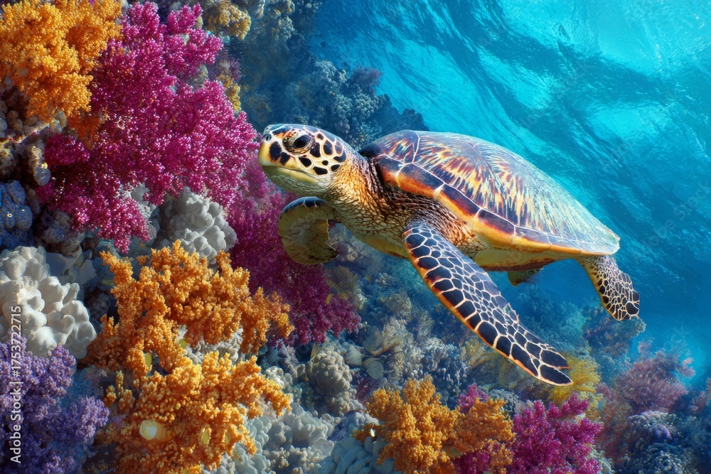 Fototapeta premium A green sea turtle glides gracefully through crystal clear waters surrounded by colorful coral reefs. This serene underwater scene captures the beauty of marine life