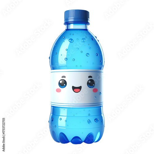 Cute cartoon bottle with a happy face and water droplets.