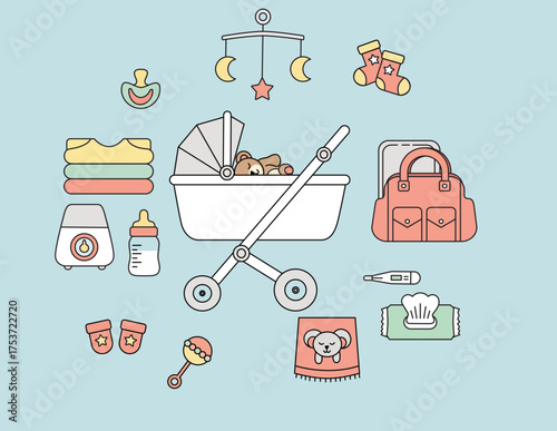 Simple flat design baby , newborn baby items, pushchair, bag, toys, pacifier, clothes. Icon style.
