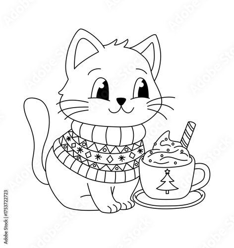 Coloring book page. Cute cat in  winter jumper drinking hot coca. Kinder garden coloring book
