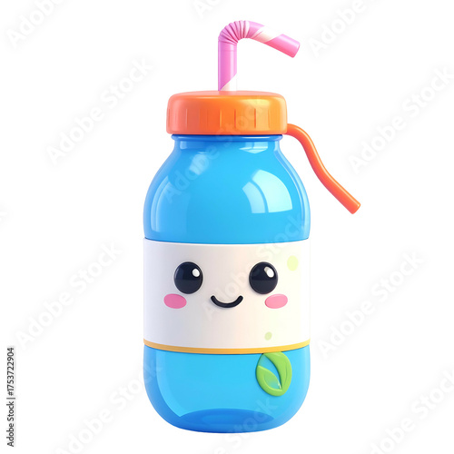 Cute smiling blue bottle with a straw is ready for a drink.