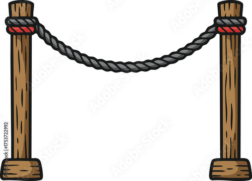 Wooden posts connected by thick rope barrier illustration for crowd control or decoration vector image 