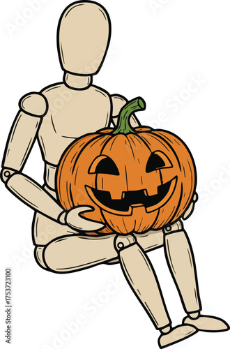 Wooden mannequin holding smiling orange pumpkin for Halloween autumn seasonal decoration vector illustration 