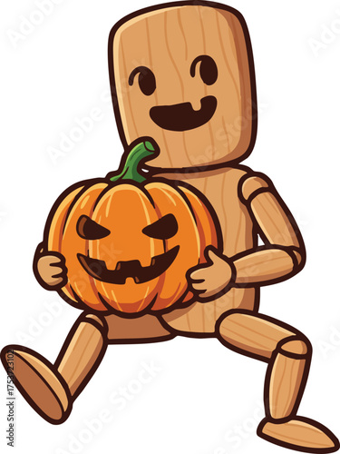 Wooden figure holding Halloween pumpkin jack o lantern for autumn celebration vector illustration 