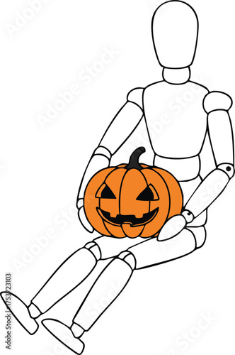 Wooden mannequin holding Halloween pumpkin jack o lantern sitting simple vector illustration 
