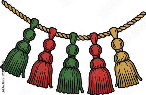 Colorful tassel garland hanging decorative string for festive celebration and home decor with green red and yellow tassels 