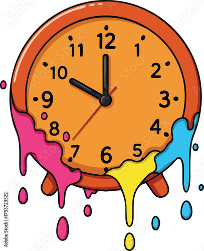 Melting wall clock with colorful dripping paint illustration in vibrant orange pink yellow and blue tones 
