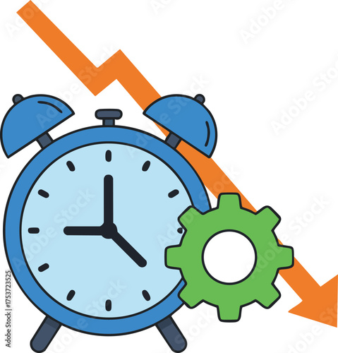 Blue alarm clock with green gear and orange downward arrow symbolizing time management and productivity decline vector illustration 
