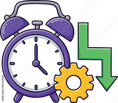 Purple alarm clock with yellow gear and green downward arrow indicating time management and efficiency concept vector illustration 