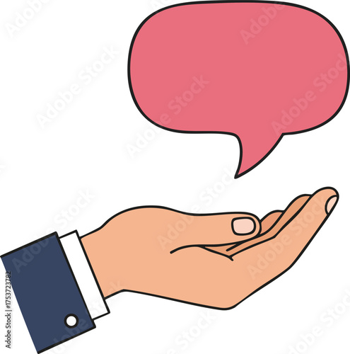 Open hand holding pink speech bubble symbolizing communication and dialogue in business contexts vector illustration 