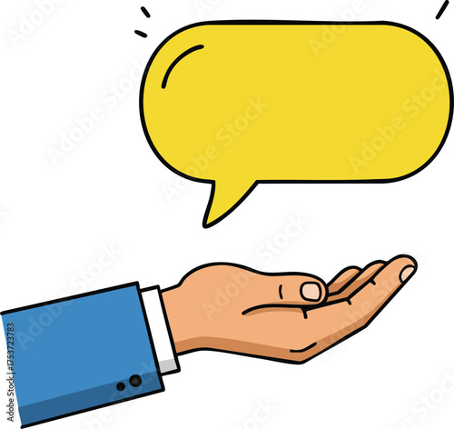 Hand holding yellow speech bubble communication concept in blue suit sleeve vector illustration 