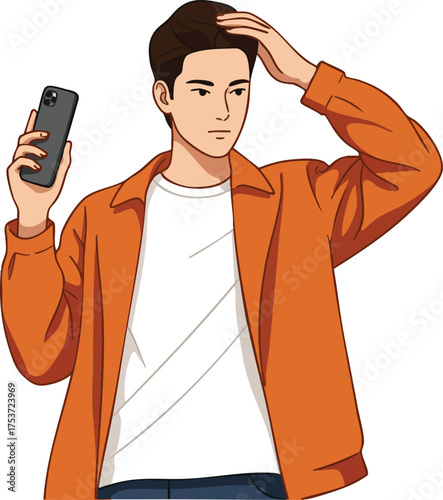Young man holding smartphone touching hair in casual orange jacket and white shirt vector illustration 