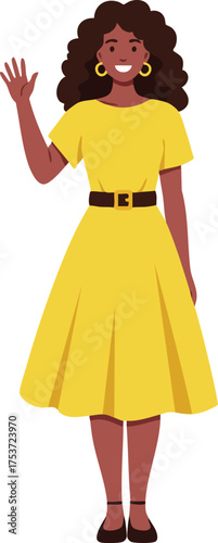 Woman in yellow dress waving hand smiling friendly casual style vector illustration 
