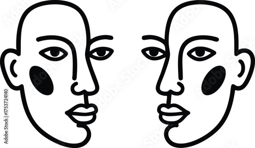 Abstract faces line art minimalistic design with dual profile view and bold cheek shapes vector illustration