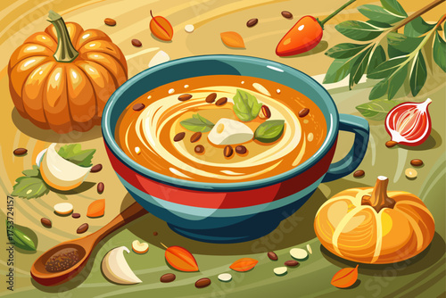 vector of Creamy pumpkin soup with carrots, seeds and cream