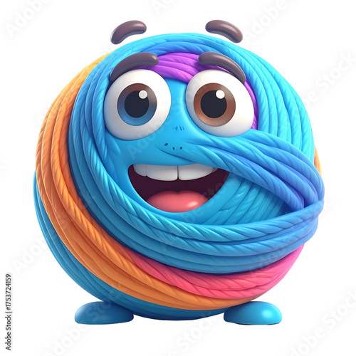 Playful yarn ball character with a wide smile and big eyes.