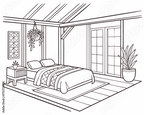 Bohemian bedroom vector sketch, minimalist line art of a modern interior in isometric perspective. Detailed illustration of a bed, nightstand, and houseplants, representing cozy home decor.