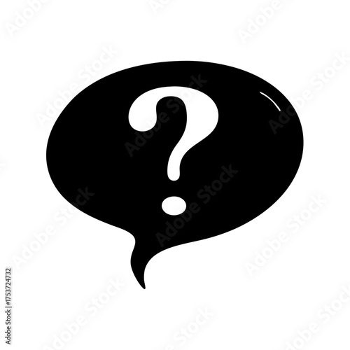 White question mark in a black speech bubble invites inquiry and discussion