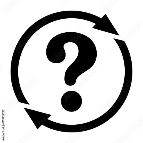 Question mark encompassed by circular arrows representing inquiry loop and uncertainty