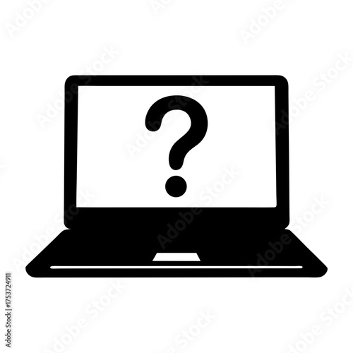 Laptop with a question mark on the screen symbolizing uncertainty and support