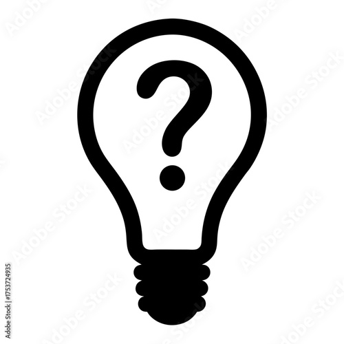 A black lightbulb with a question mark inside, an icon representing unknown idea