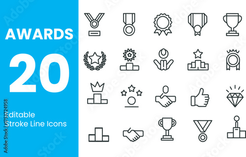24 Awards Editable Stroke Line Icons | Achievement and Recognition Vector Set