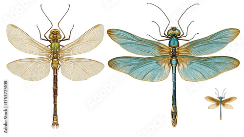 Illustration comparing extinct Meganeura with modern dragonfly PNG on transparent background