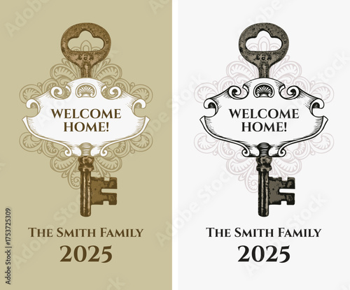 Vector vintage housewarming invitation, label, or greeting card template with a key, date, family name, and space for text in a vintage style. No AI.