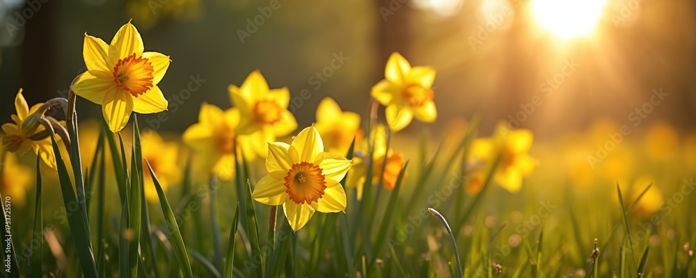 Fototapeta premium Yellow daffodils bloom in green grass field. Flowers grow in garden meadow. Daffodil plants with vibrant yellow petals and orange centers bask in warm sunlight.