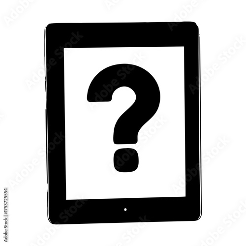 Black and white illustration of a tablet with a question mark symbol