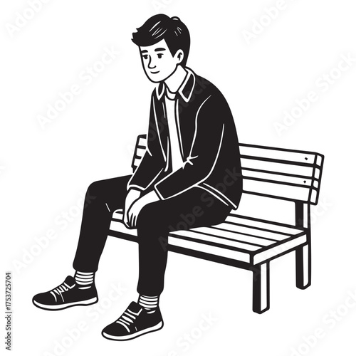 A young man sitting on a park bench, lost in thought, isolated on white background this vector illustration depicts a moment of reflection and solitude in a simple, clean style