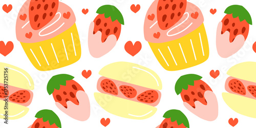Seamless pattern with hand drawn flat glazed strawberries, cupcakes and macaroons. Cute background with summer desserts.