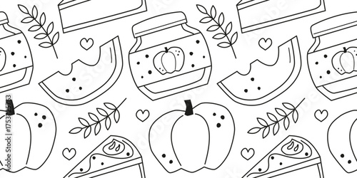Seamless pattern with cute hand drawn outline pumpkin pie, jam, slices and leaves. Background with seasonal pumpkin icons.