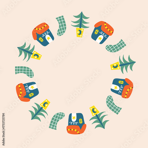 Cute Christmas wreath with house, sock and pine tree in pot isolated on pastel pink background. New year circle frame with boho icons.