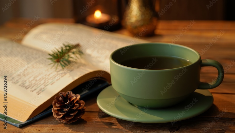 Fototapeta premium Enjoying a warm cup of herbal tea next to an open book, with a pine cone and spruce sprig, creating a cozy atmosphere for winter reading and relaxation at home
