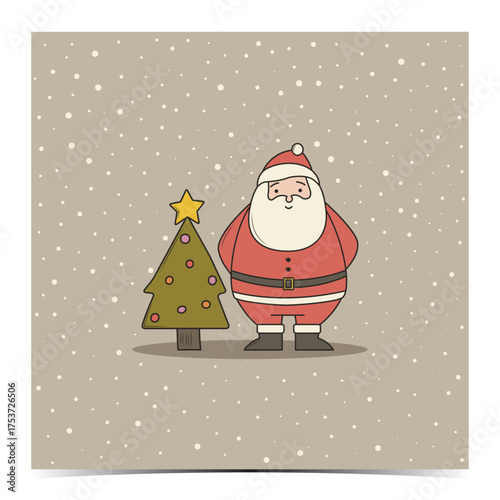 Merry Christmas - cute greeting card, postcard, invitation with a chubby Santa Claus and Christmas tree on a snowy beige background, vector illustration