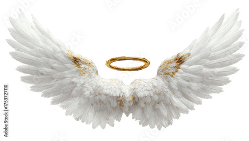 Pair of white feathered angel wings, slightly golden-tinged, with a golden halo