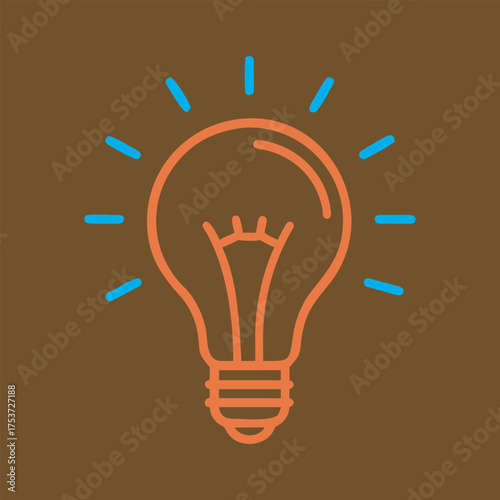 Orange light bulb icon with blue rays isolated on a white background