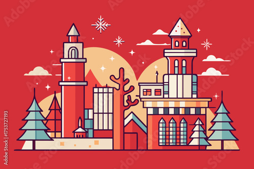 Christmas Line Art | White Line Drawing on Red Background | Minimalist Holiday Illustration