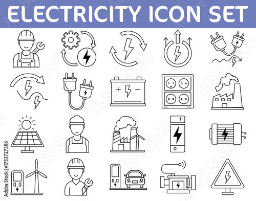 Electricity and Energy Line Art Icon Set. Power Generation, Renewable Sources, Industrial Engineering, and Electric Vehicle Charging Vector Symbols