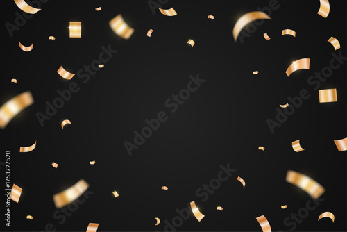Gold confetti isolated on a black background. Falling golden ribbon for carnival, New Year, birthday and festival design. Confetti explosion on white backdrop. Vector illustration
