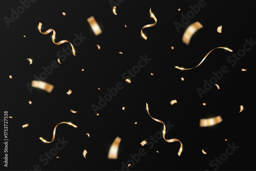 Gold confetti isolated on a black background. Falling golden ribbon for carnival, New Year, birthday and festival design. Confetti explosion on white backdrop. Vector illustration