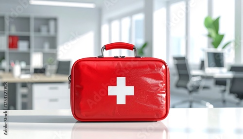 A shiny red first aid kit with a prominent white cross sits on a white surface. Behind it is a blurred office with desks and a plant