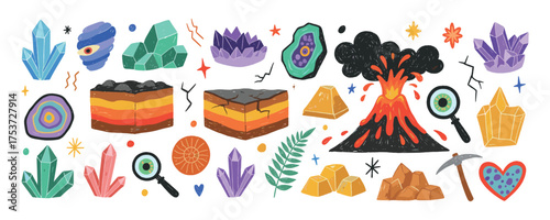 Volcanoes, Crystals and Geology Illustration Set — Hand-Drawn Earth Science Collection