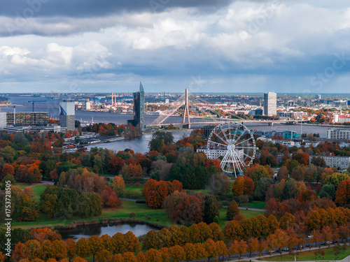 Obraz na plátně Aerial view of Riga, Latvia in peak autumn